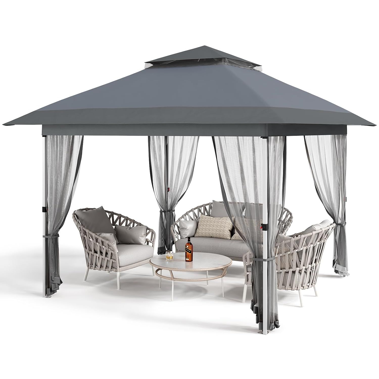 12' x 12' Gray Metal Gazebo with Mosquito Netting and Curtains