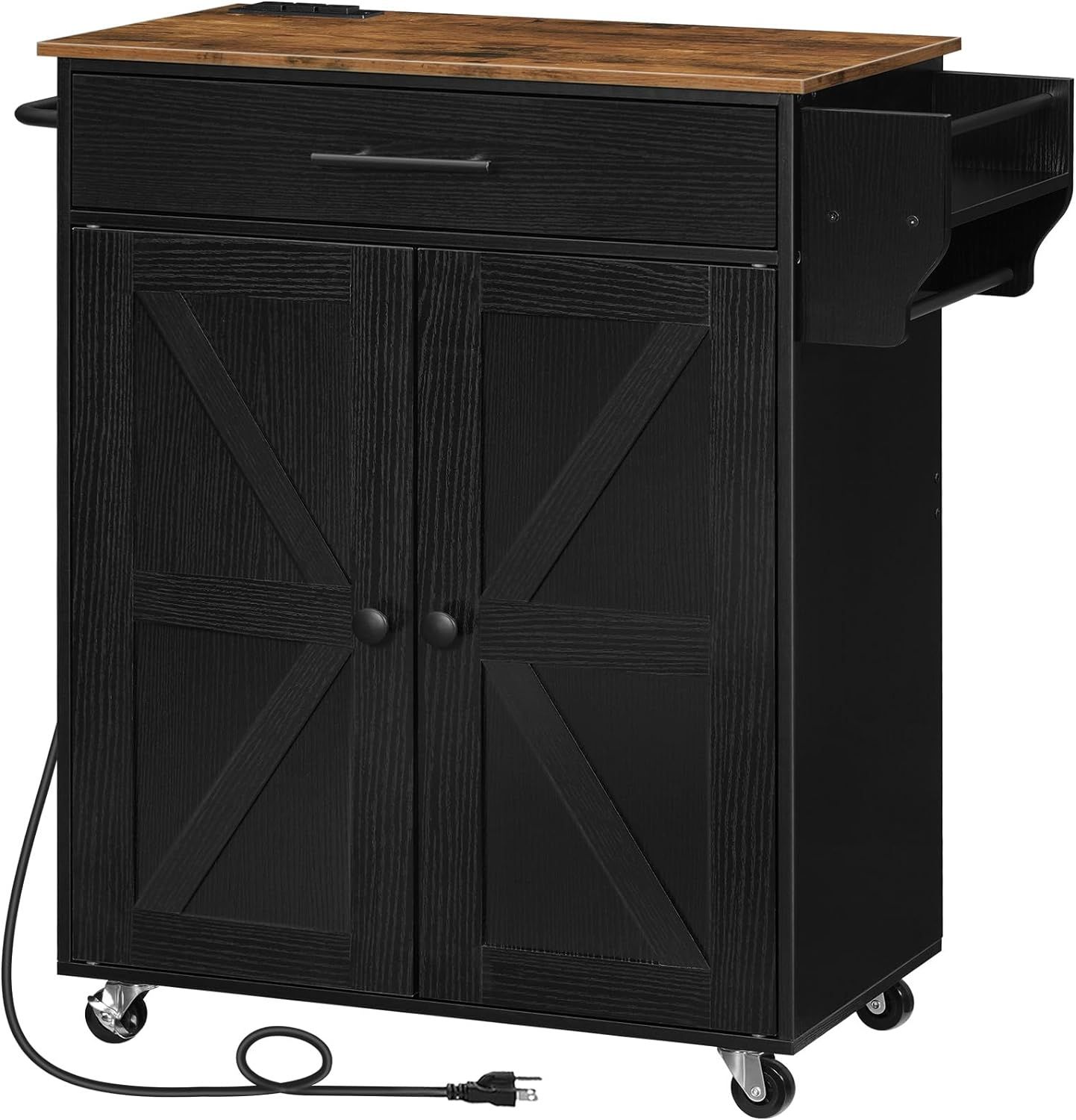 Rustic Brown and Black Rolling Kitchen Island with Power Outlet