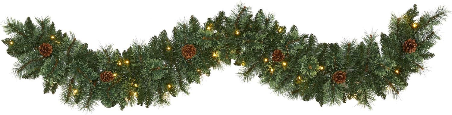 6' Green Pine Needle Garland with LED Lights and Pinecones