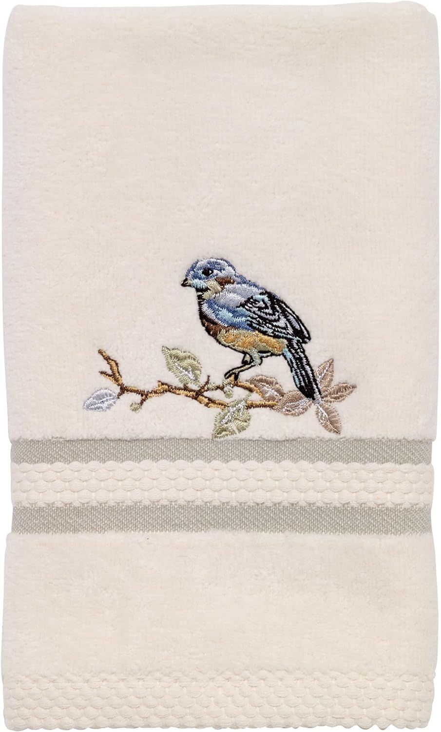 Ivory Cotton Fingertip Towel with Embroidered Bluebird