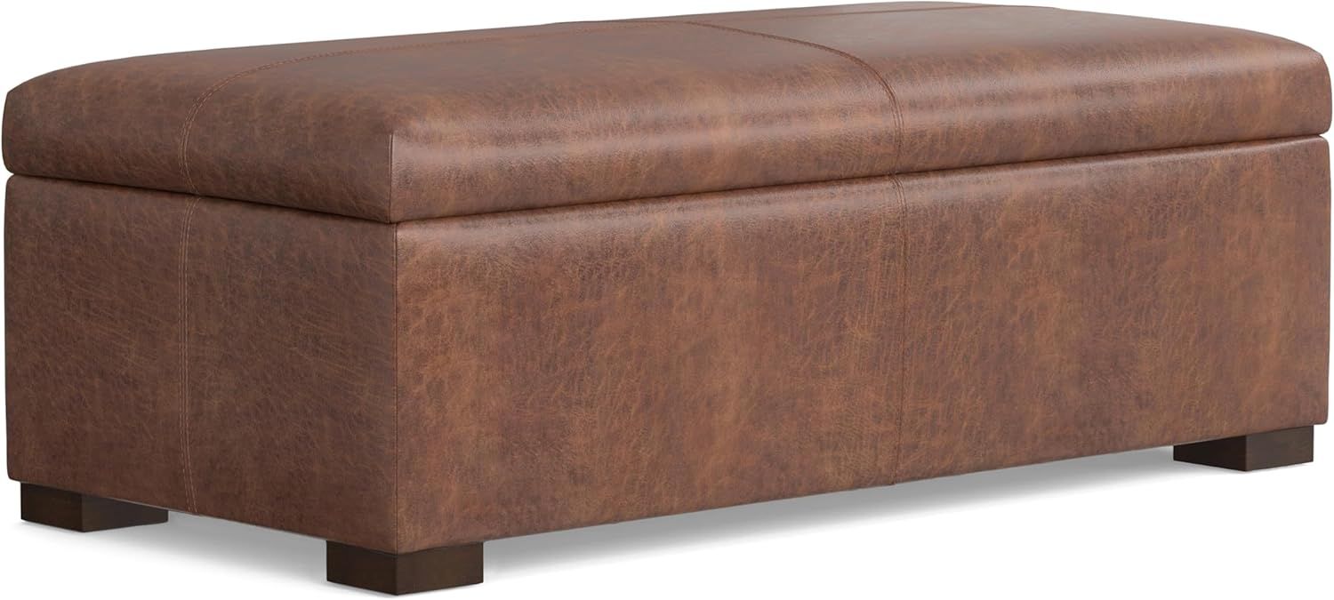 Gabbie 48" Distressed Saddle Brown Faux Leather Storage Ottoman