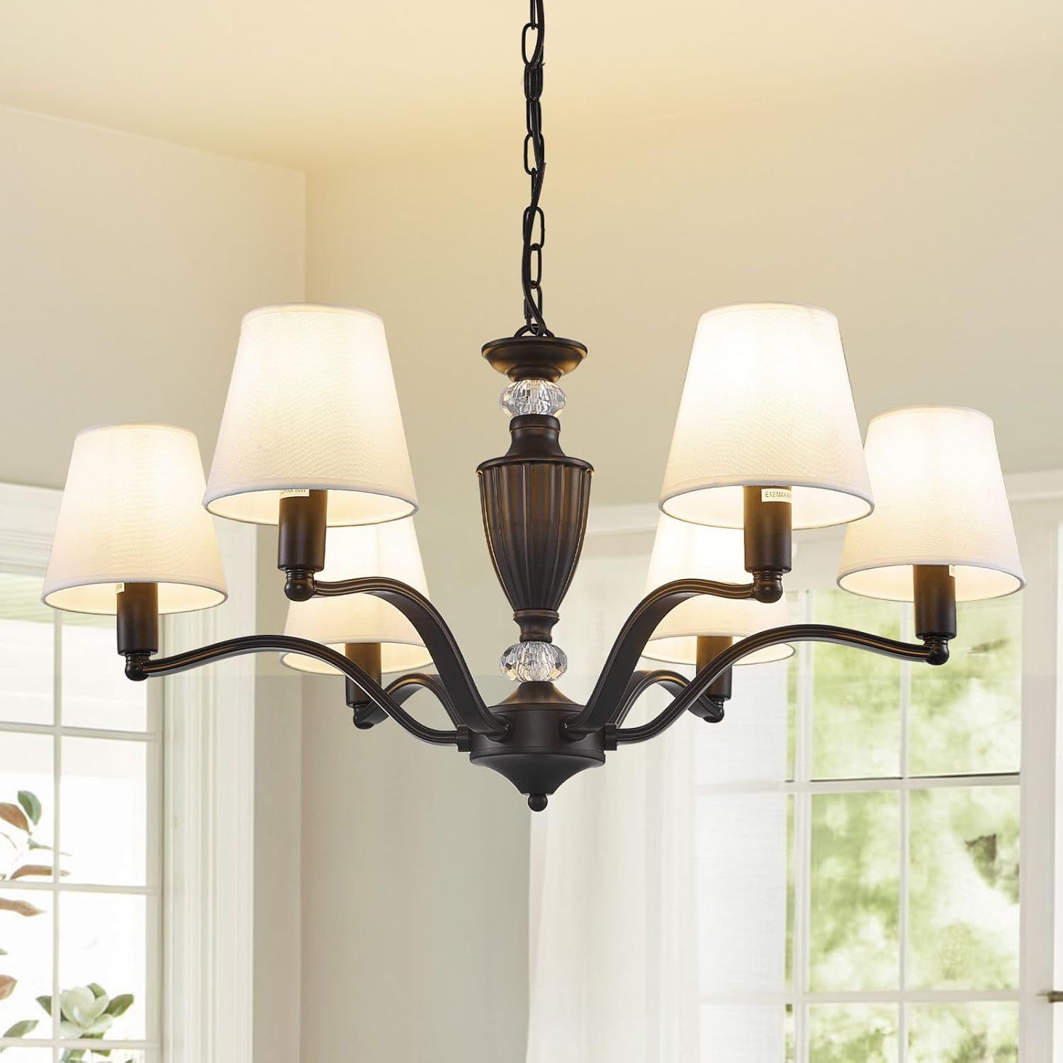 Black Metal 6-Light Chandelier with White Fabric Shades