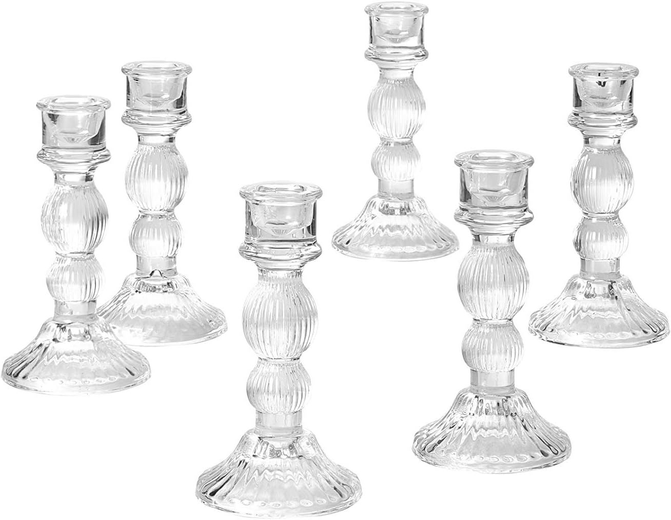 Set of 6 Clear Ribbed Glass Tabletop Candlestick Holders