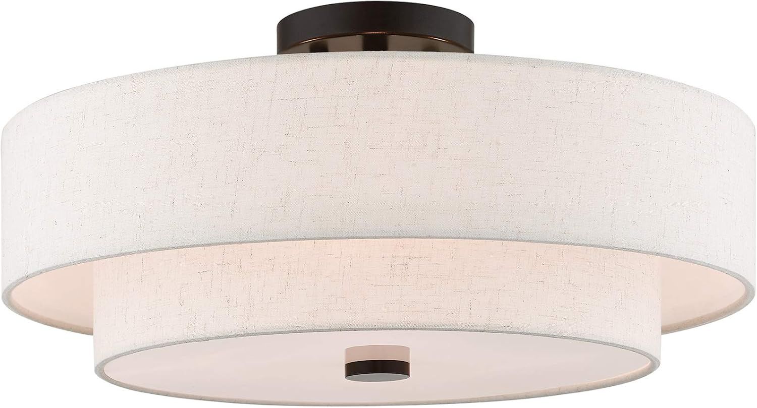 English Bronze 4-Light Indoor/Outdoor Drum Ceiling Fixture with Oatmeal Shade