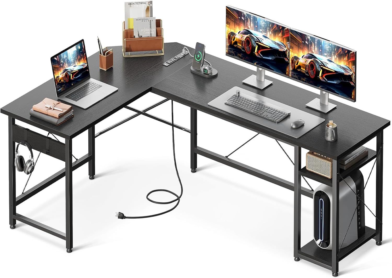 Black 59-Inch L-Shaped Gaming Desk with Power Outlet and USB Ports