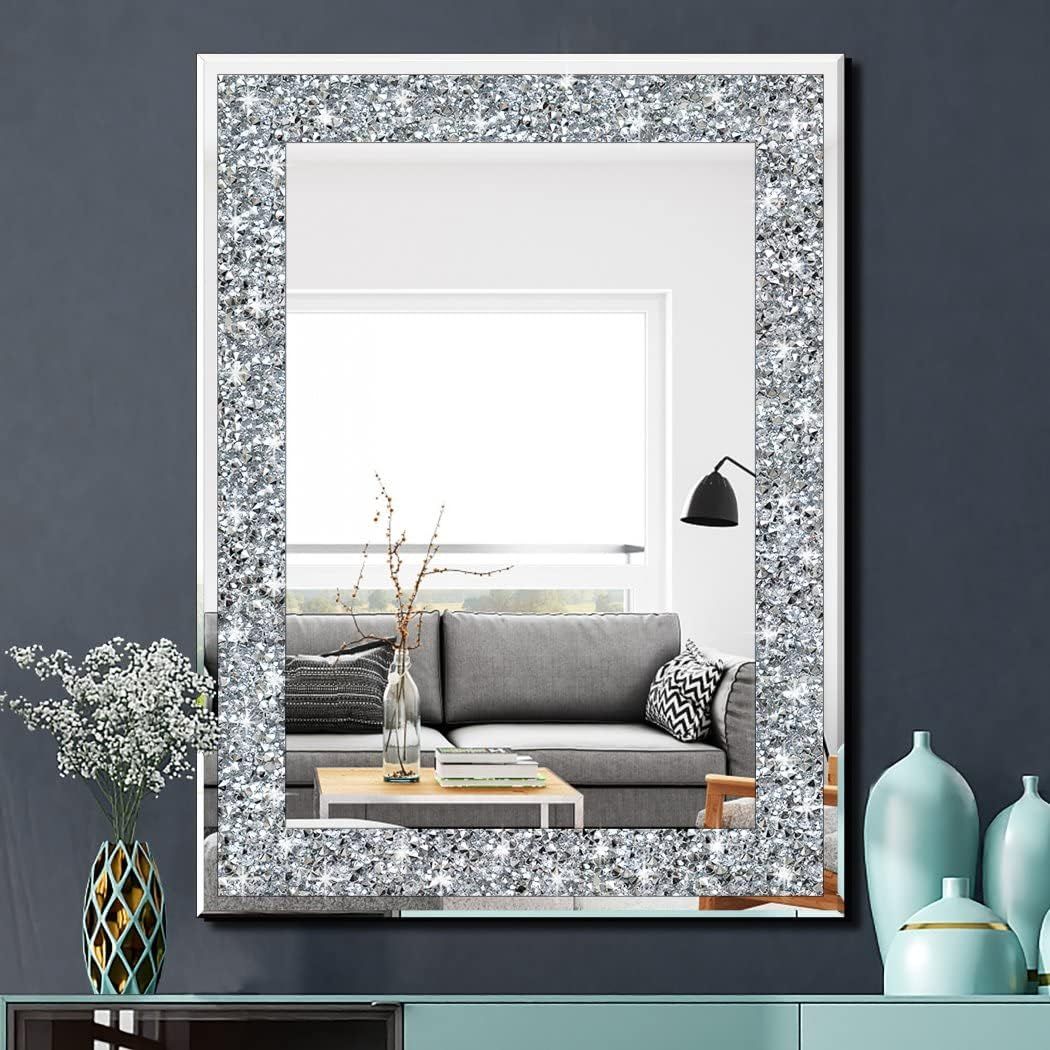 Crystal Crush Diamond Frameless Rectangular Bathroom Mirror 24x32 Inch