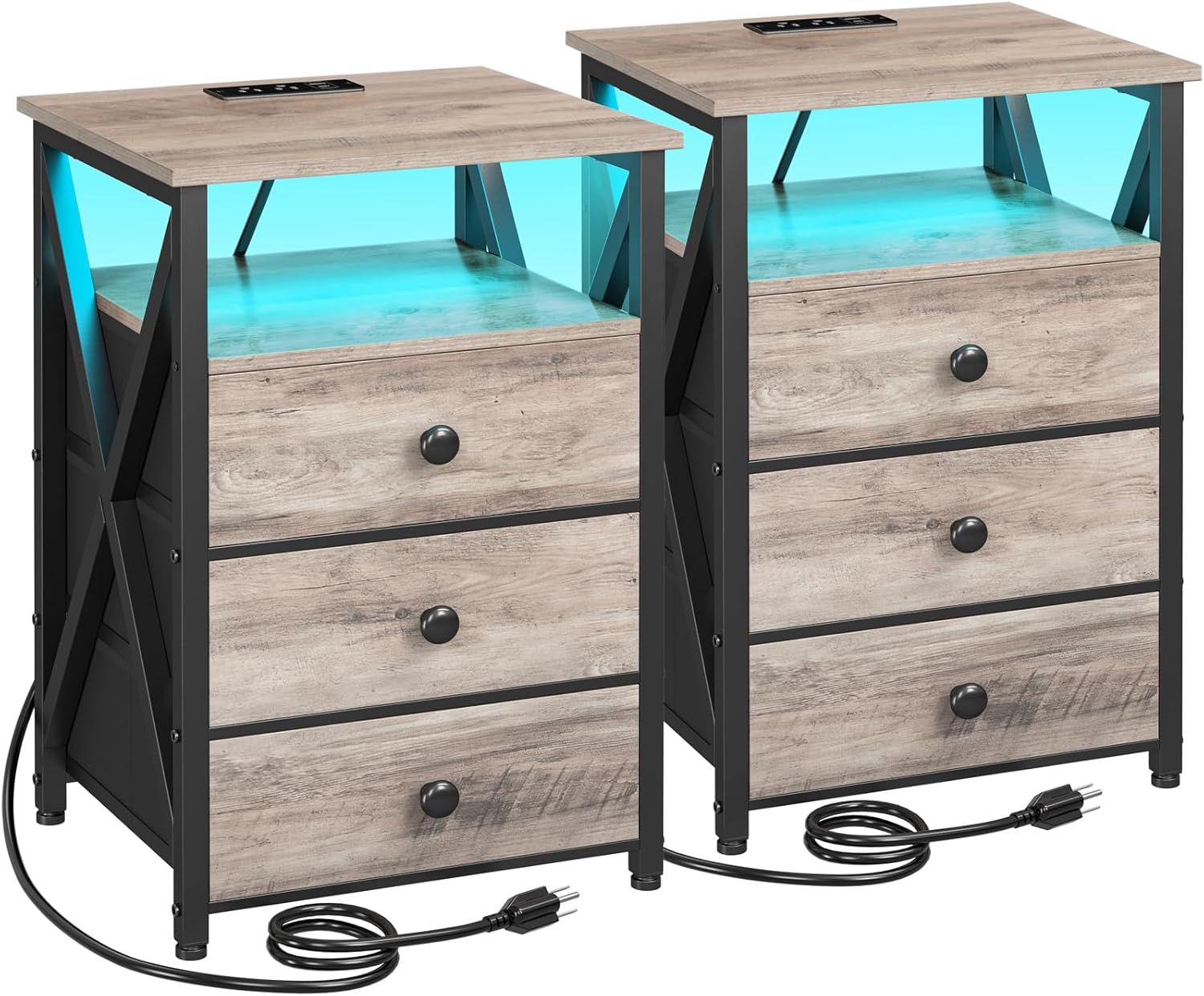 Greige Industrial Nightstand Set with LED and Charging Station