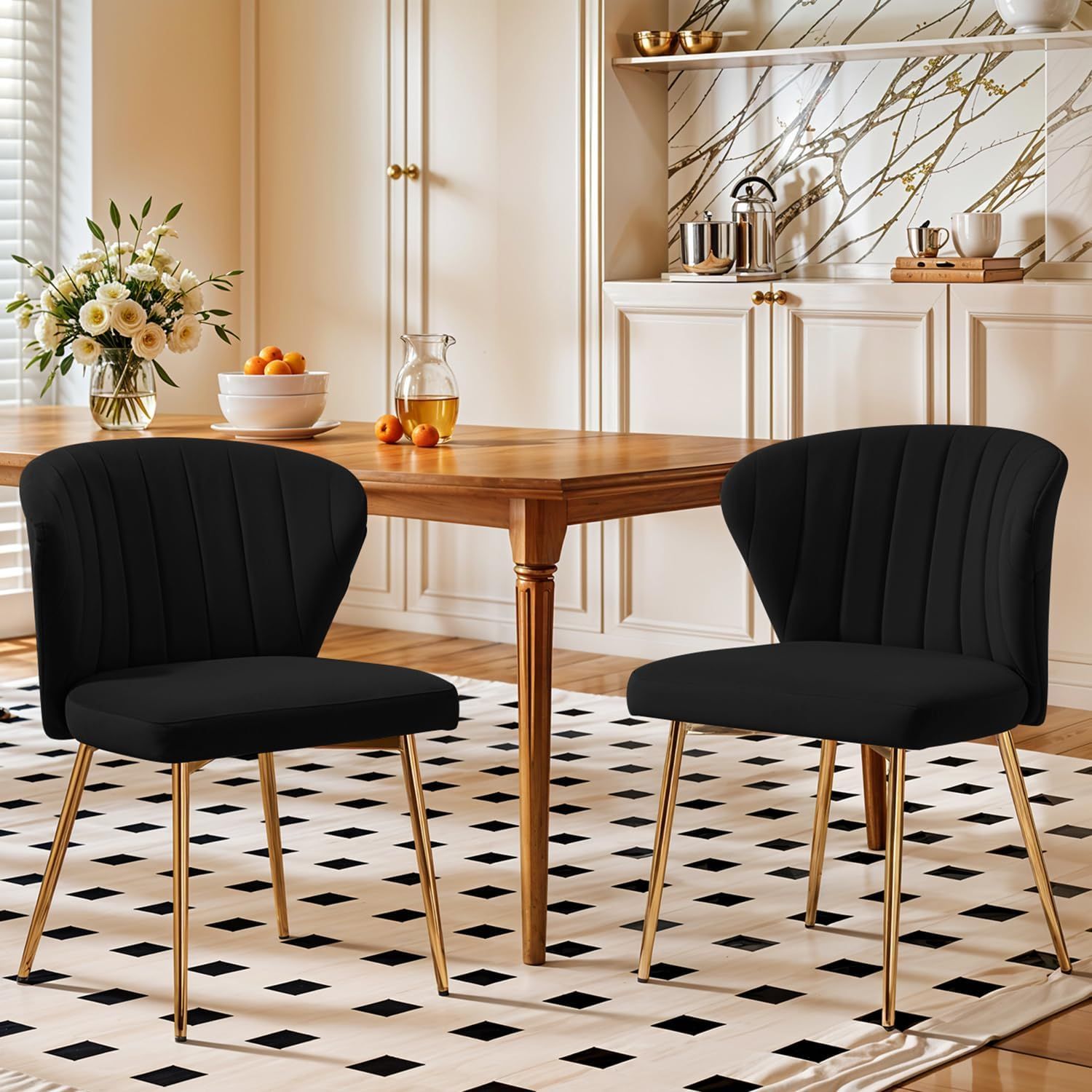 Black Velvet Upholstered Side Chair with Gold Metal Legs