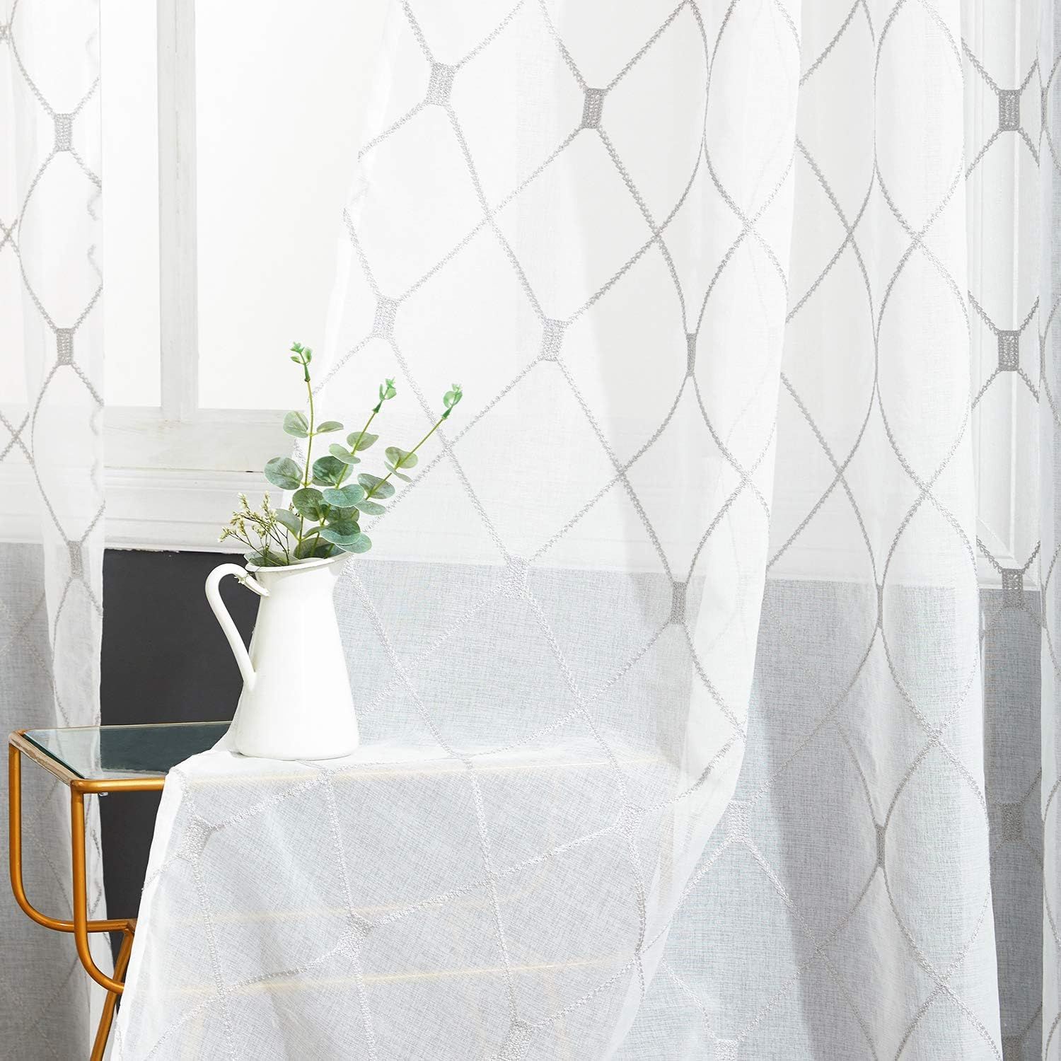 White and Grey Sheer Linen Grommet Curtain Panels