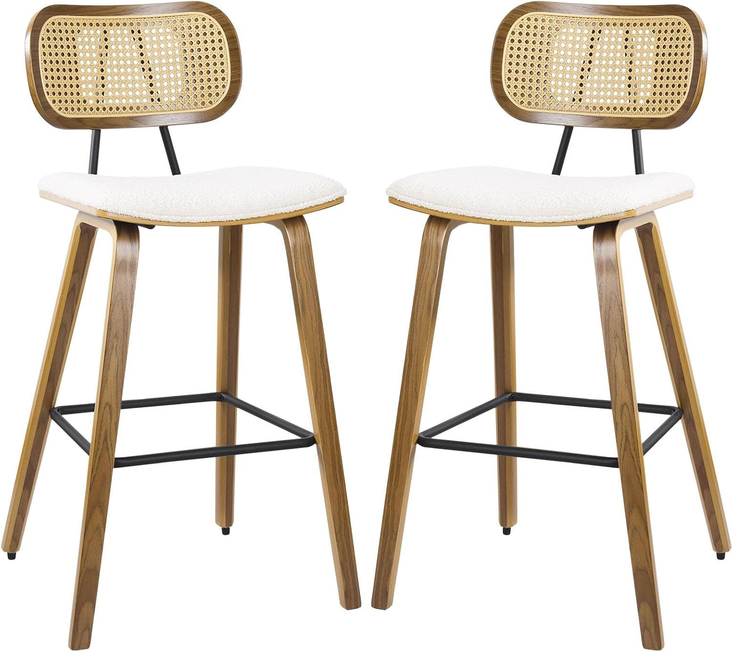 Counter Height Bar Stools Set of 2, Mid Century Modern Counter Stools, 26" Wood Kitchen Stool Boucle Fabric Upholstered Barstool with Rattan Back, Counter Height Island Dining Bar Chair, White