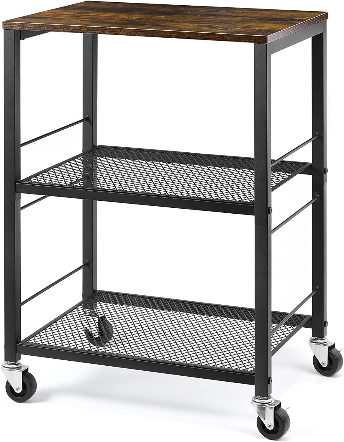 Brown and Black Metal 3-Tier Rolling Kitchen Cart with Storage