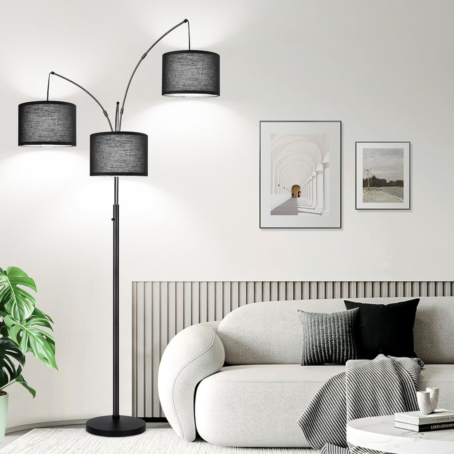 Matte Black Multi-Head Arc Floor Lamp with Linen Shades