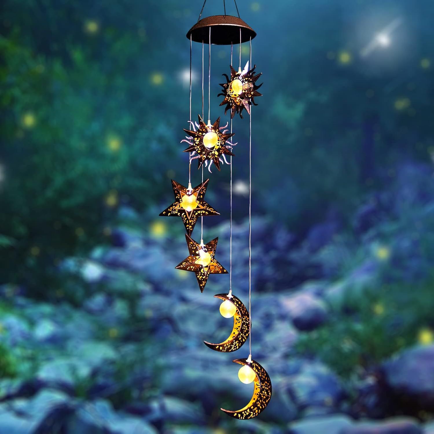 Solar Powered Sun Moon Star Waterproof LED Wind Chimes