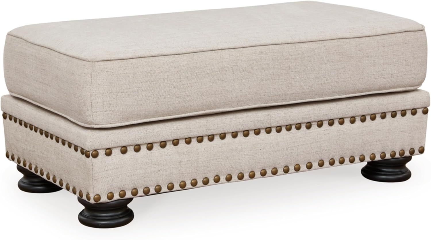 Beige Upholstered Ottoman with Nailhead Trim and Turned Legs