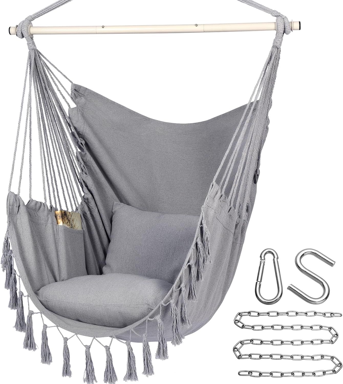 Light Gray Cotton Hanging Chair with Cushions and Pocket