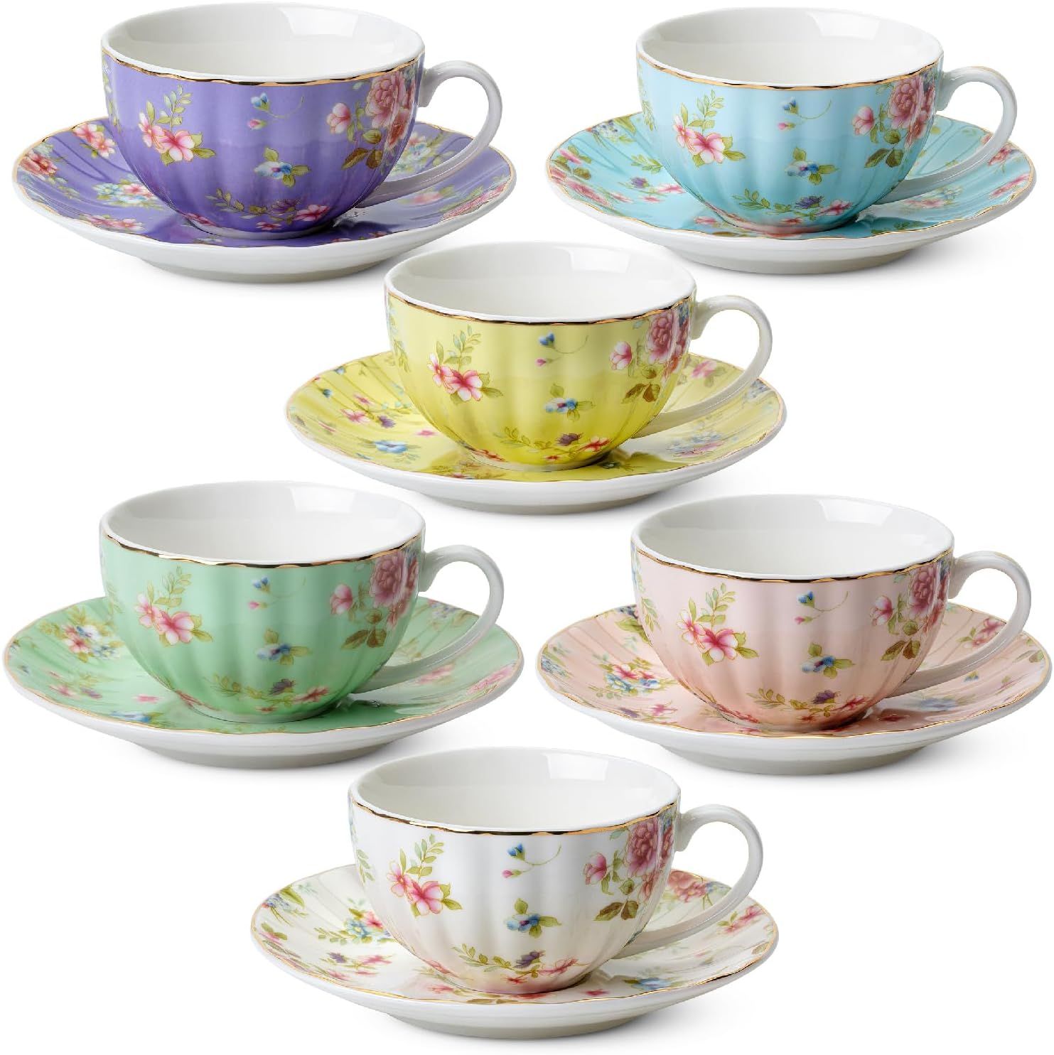 Pastel Floral Porcelain Tea Cups and Saucers Set of 6