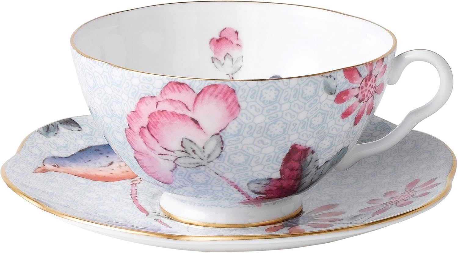 Wedgwood Cuckoo Blue Floral Porcelain Teacup and Saucer Set