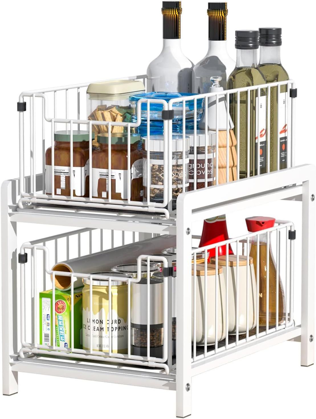 White Metal 2-Tier Sliding Basket Drawer Organizer