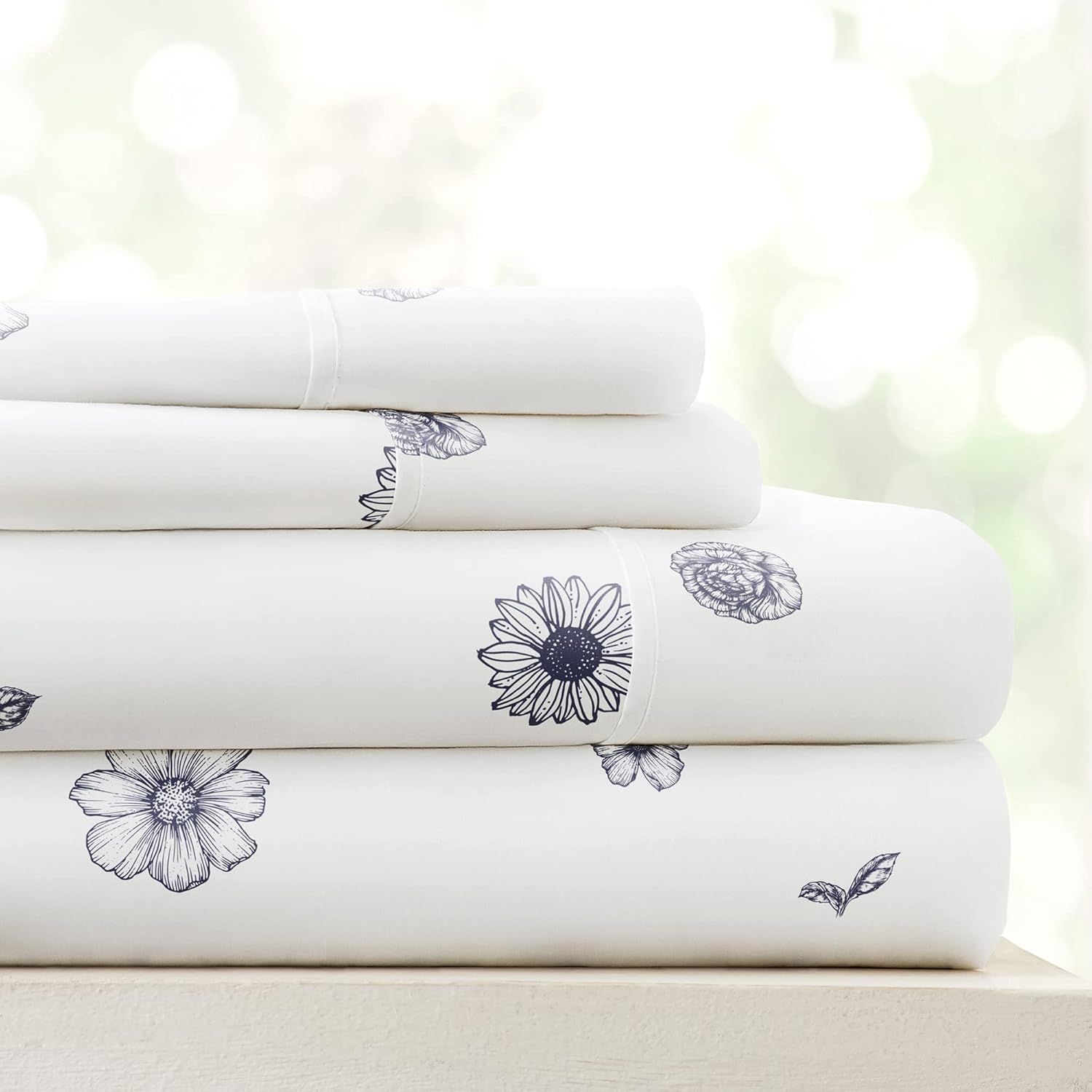 Indigo Flowers Navy Twin Cotton Polyester Microfiber Sheet Set