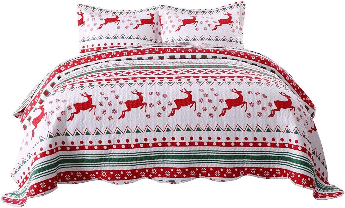 Festive Red and Green Reindeer Christmas Quilt Set