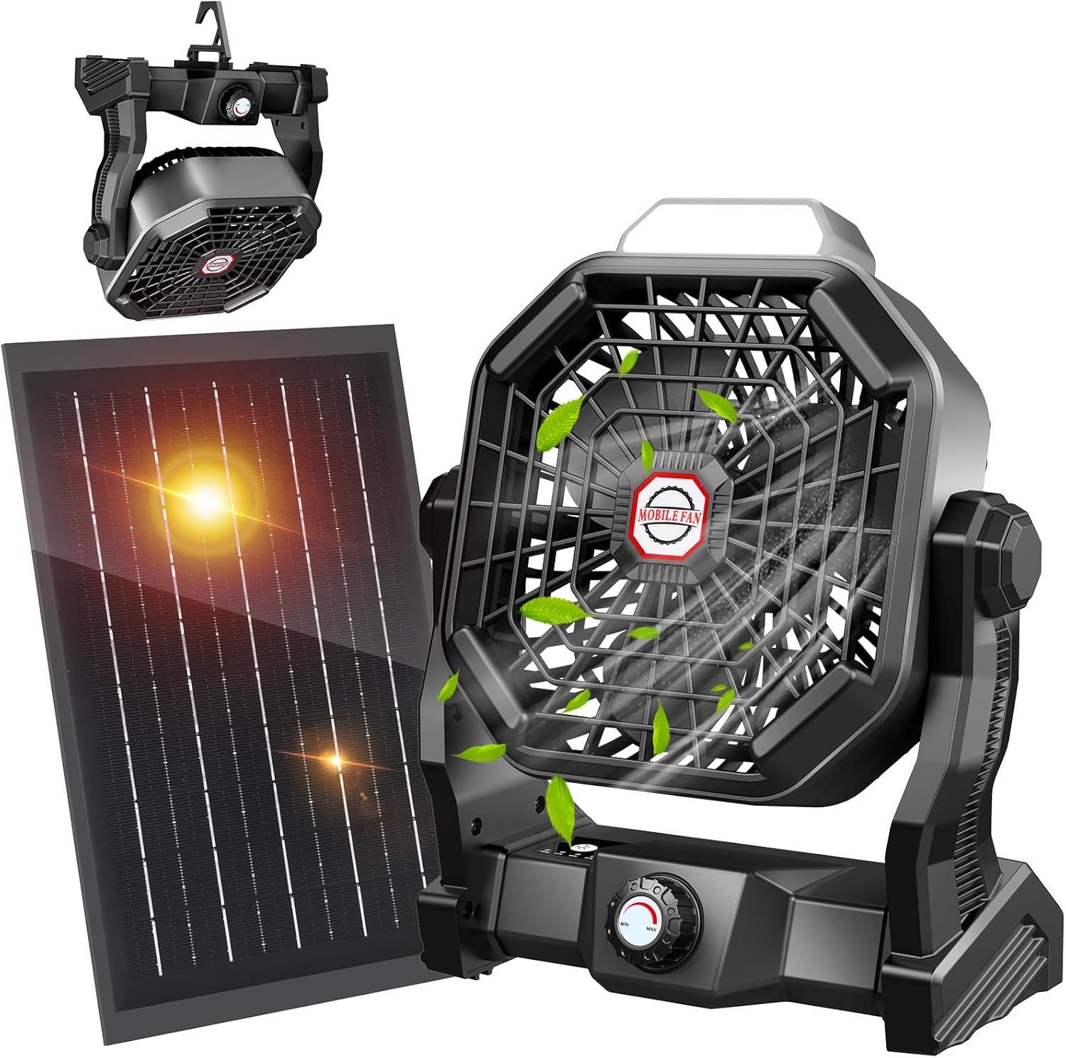 Black Portable Solar-Powered Desk Fan with LED Light