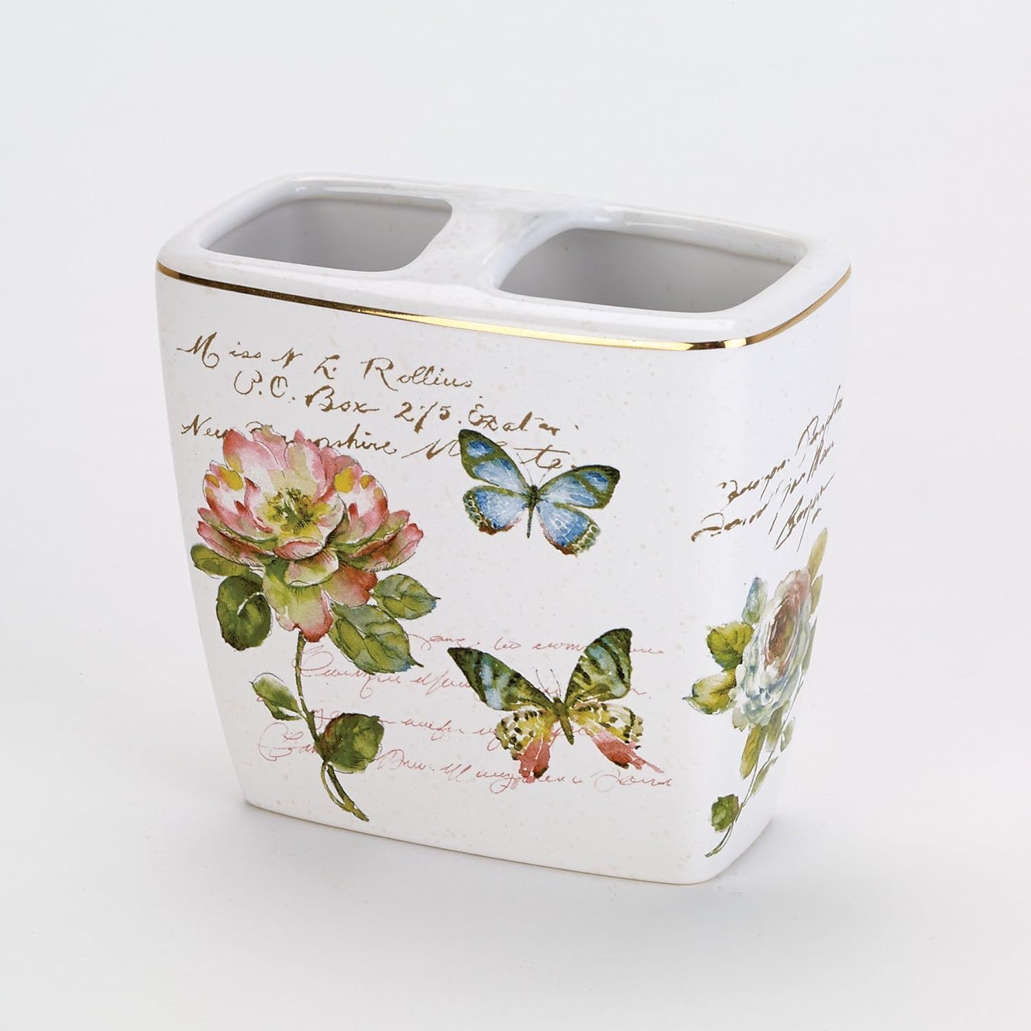 Butterfly Garden Ceramic Toothbrush Holder with Gold Trim