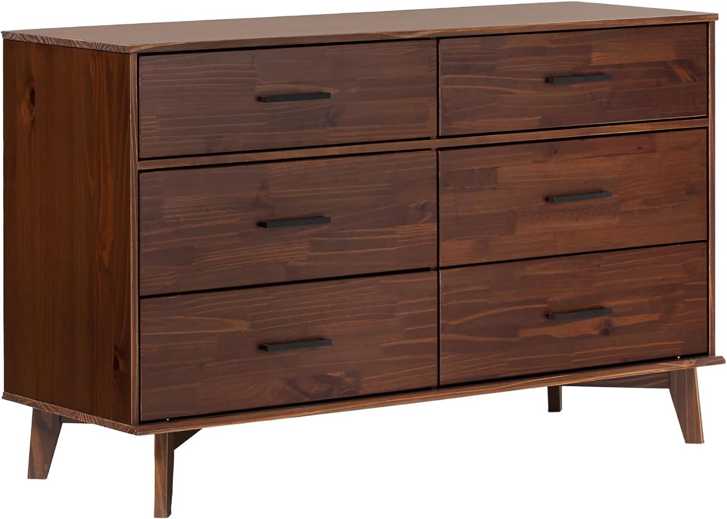 Walnut Solid Pine Wood 6-Drawer Dresser with Metal Handles