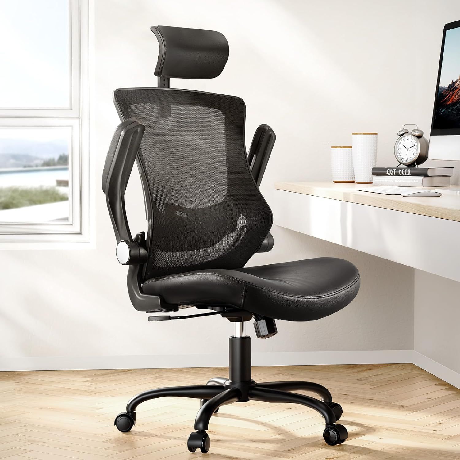 Black Ergonomic Mesh and Leather Swivel Office Chair