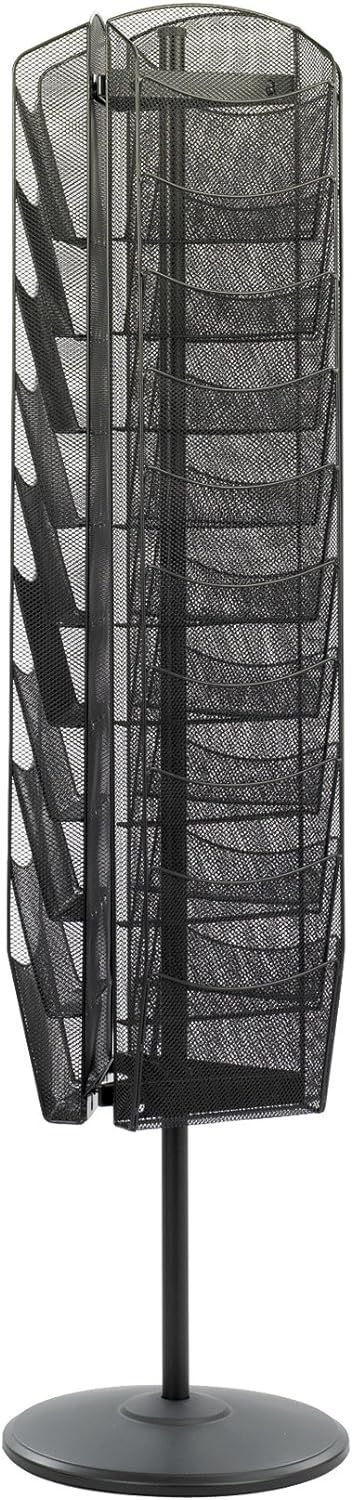 Black Powder-Coated Steel Mesh Rotating Magazine Stand with 30 Compartments