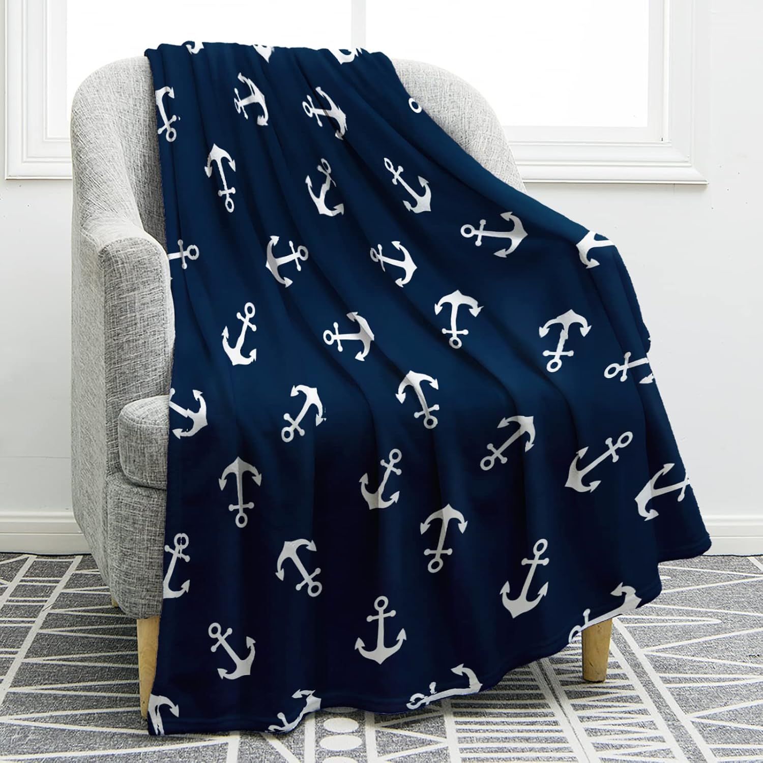 Navy Blue Nautical Anchor Flannel Throw Blanket 50"x60"