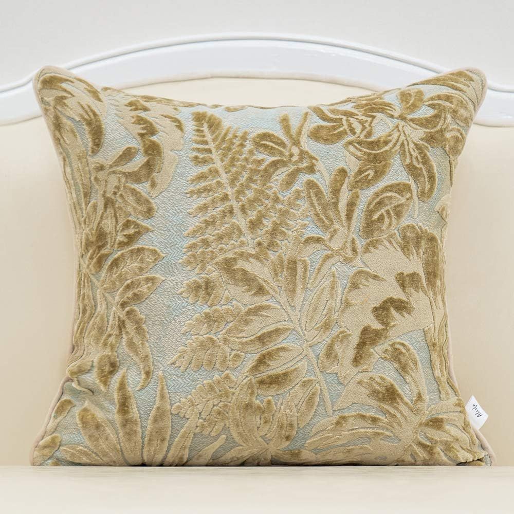 Beige and Gold Embroidered Velvet Leaf Throw Pillow