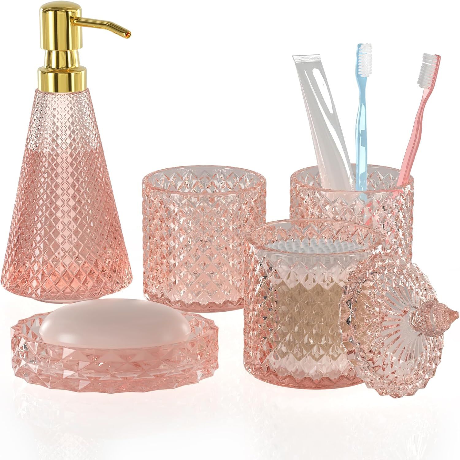 Pink Diamond-Cut Glass and Gold Bathroom Accessory Set