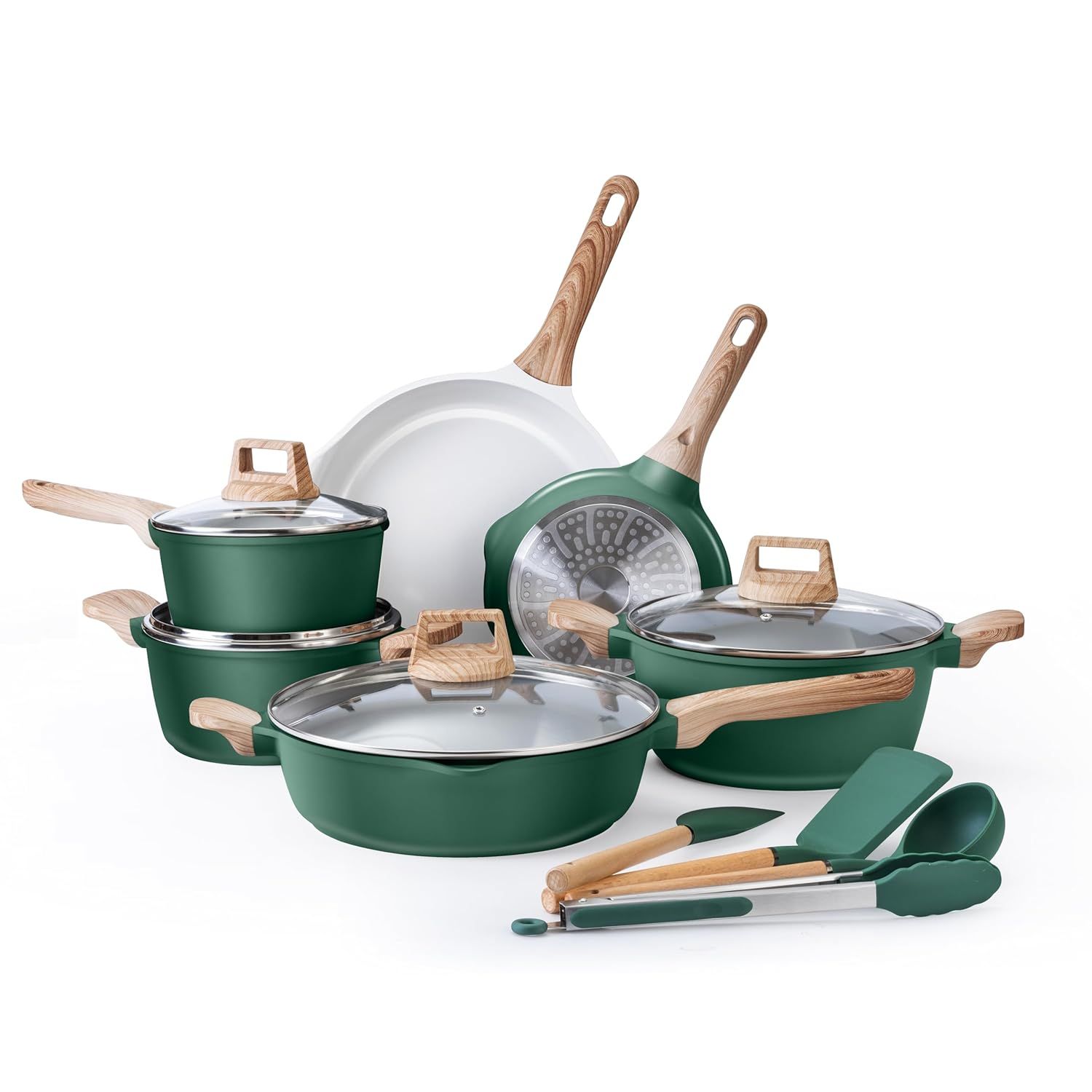 Sage Green Nonstick Cast Aluminum 14-Piece Cookware Set with Utensils