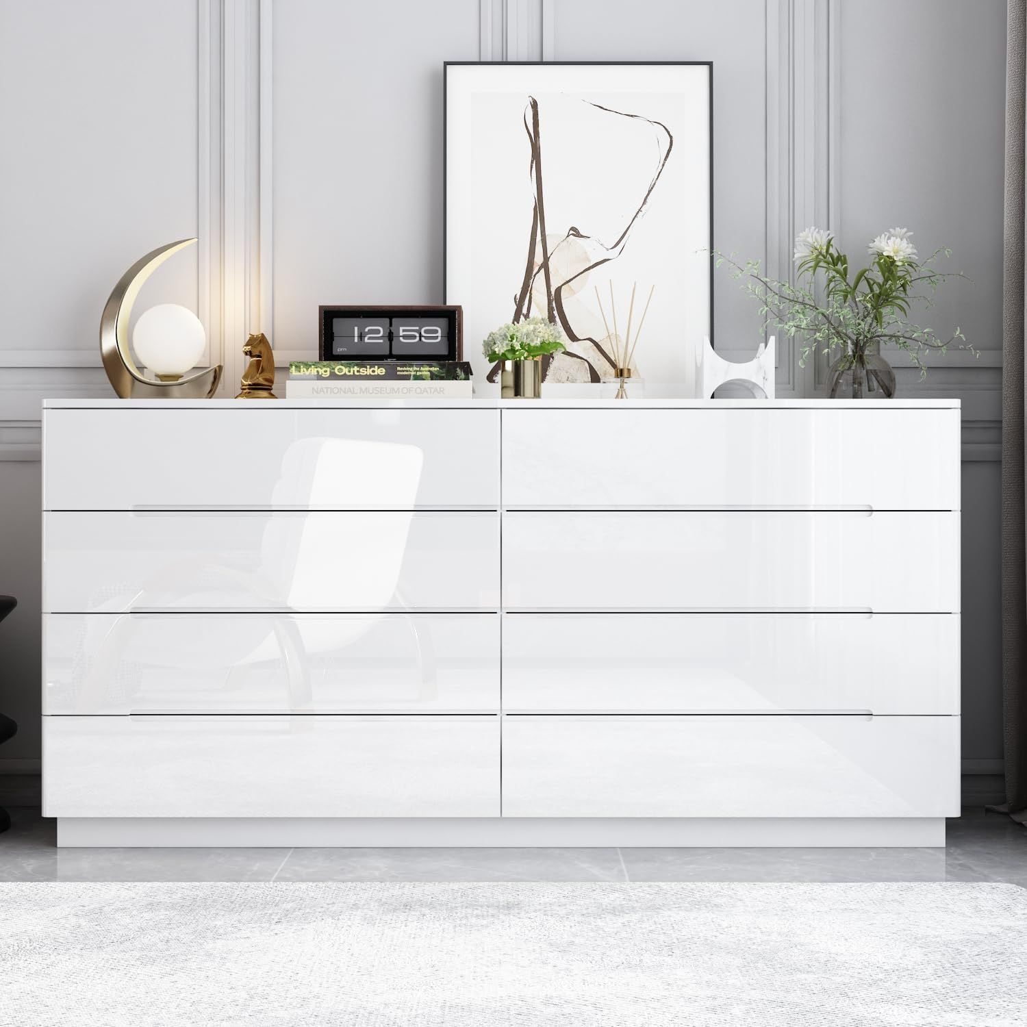 Modern White High Gloss Double Dresser with LED Lights