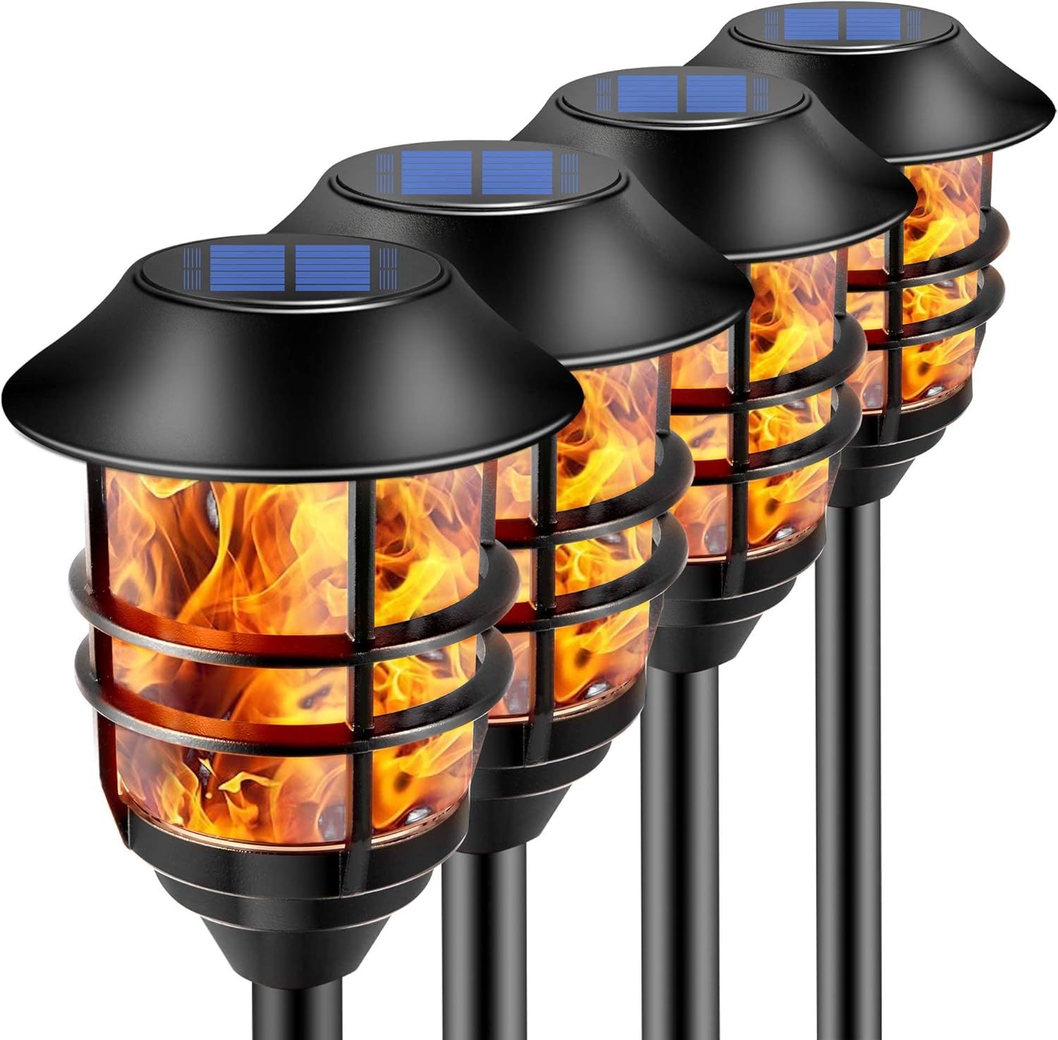 Solar-Powered Black LED Pathway Torches with Flickering Flame, 4-Pack