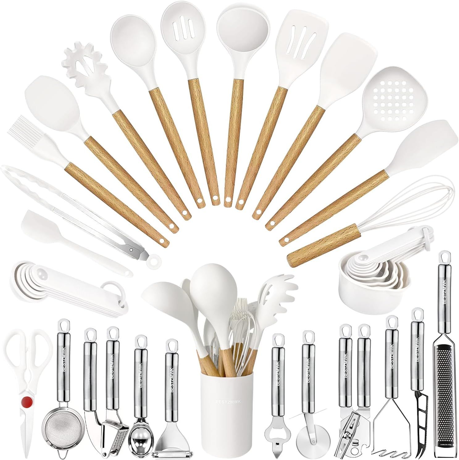 35-Piece White Silicone and Wood Cooking Utensil Set