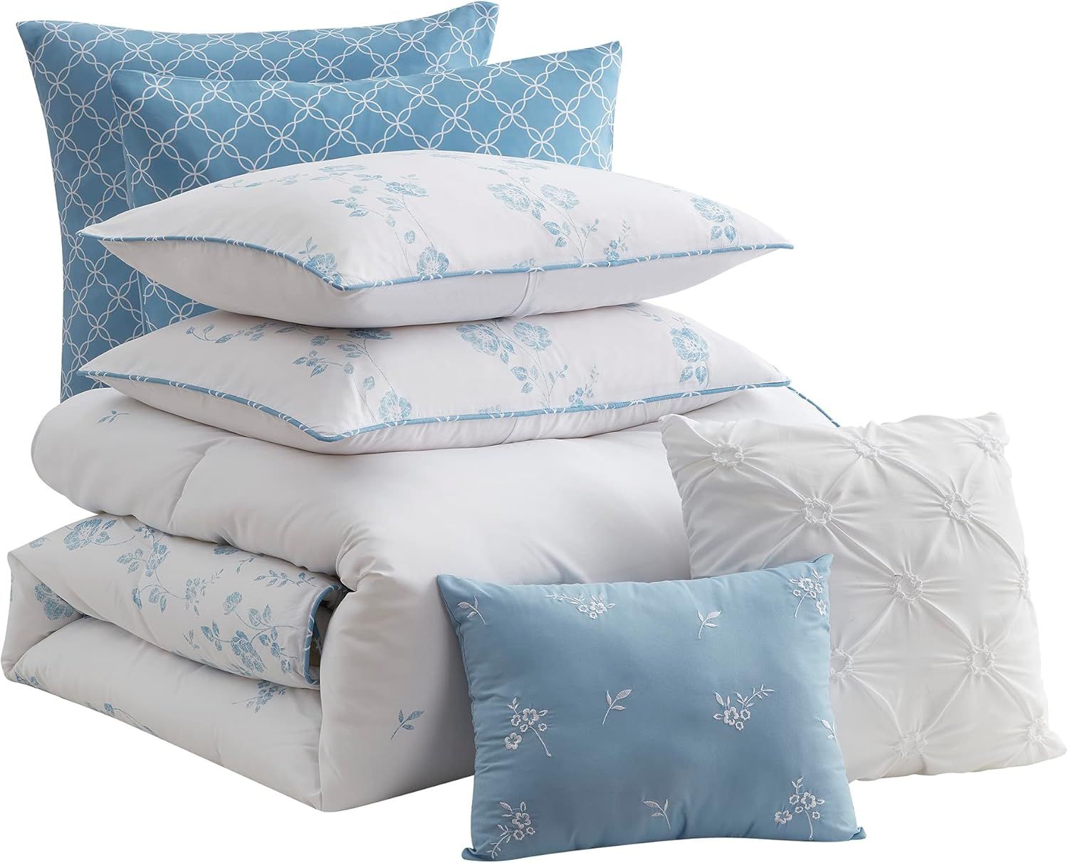 Adeline Queen White and Blue Reversible Microfiber Comforter Set