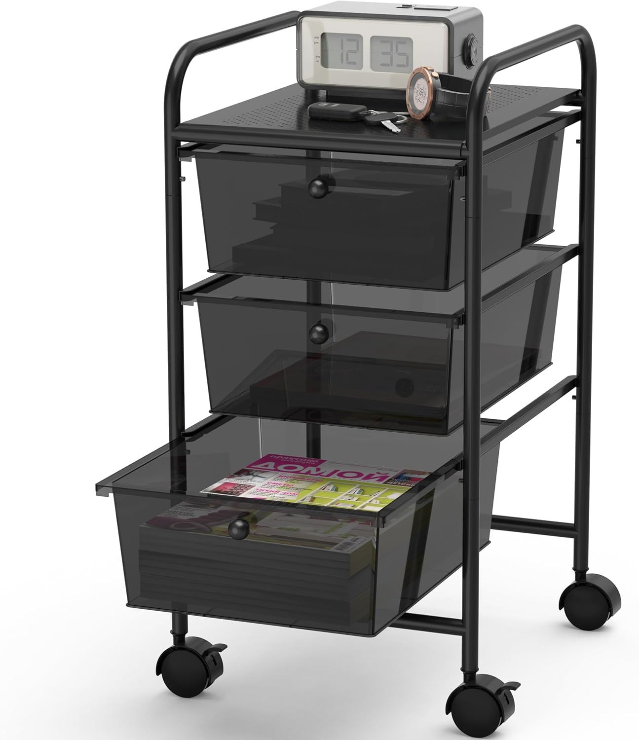 Black Metal 3-Drawer Rolling Utility Cart with Perforated Top