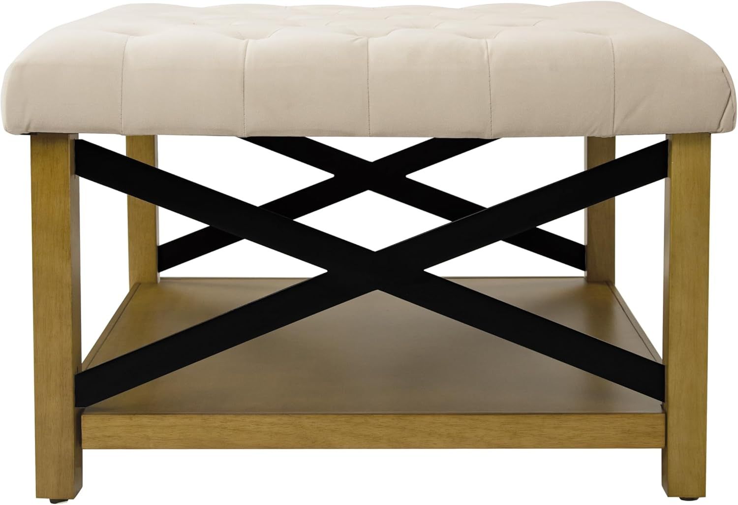 Cream Tufted Cocktail Ottoman with Wooden Storage