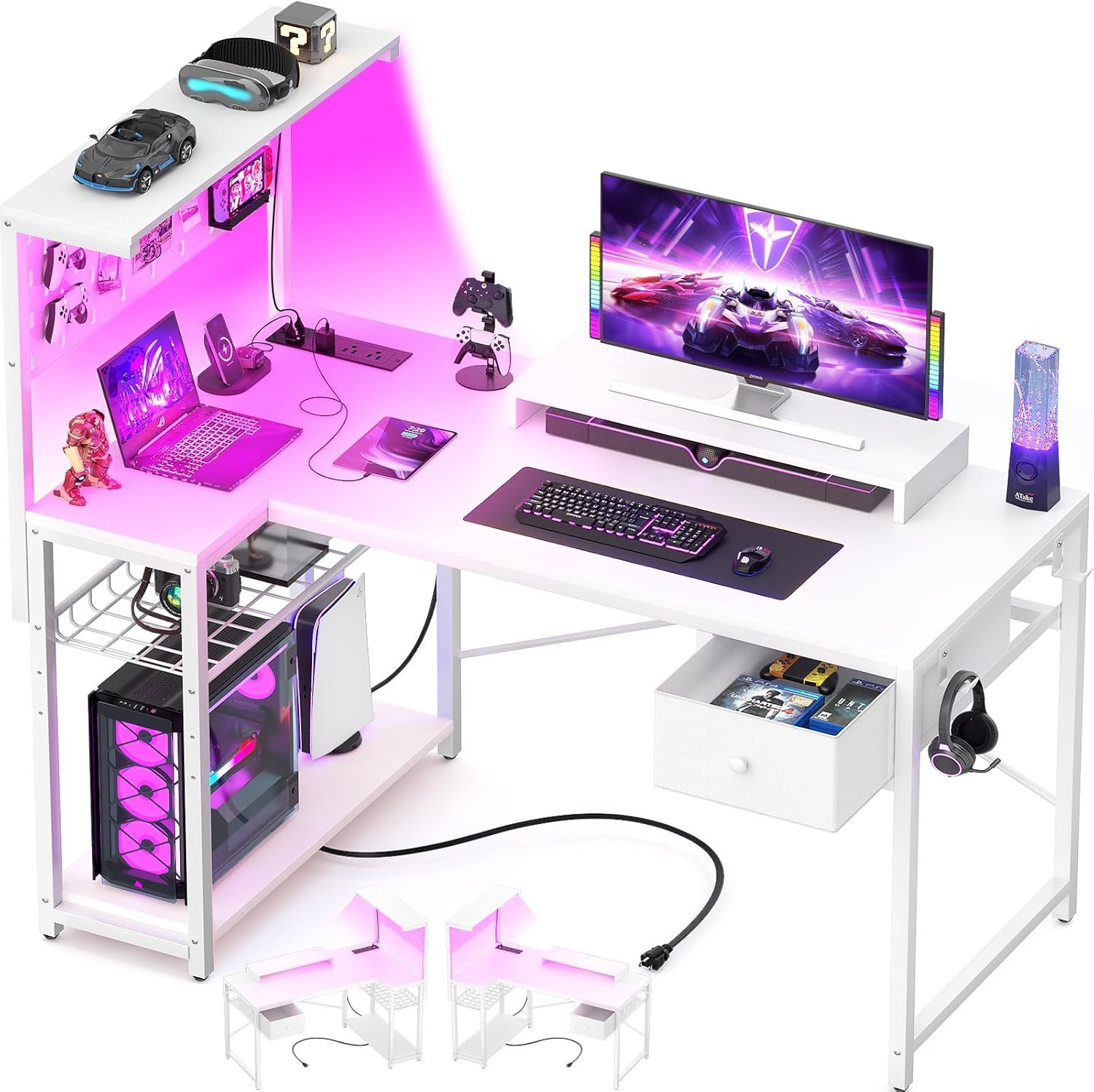 White L-Shaped Gaming Desk with Drawer and Power Outlet