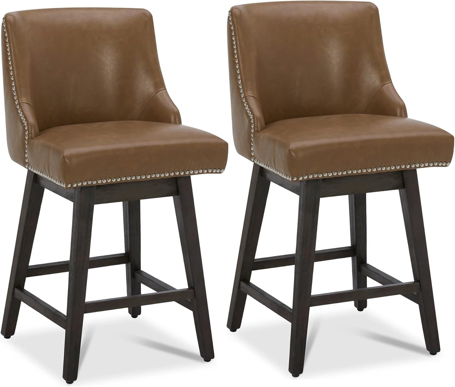 Saddle Brown Faux Leather Swivel Counter Stools with Wood Legs, Set of 2