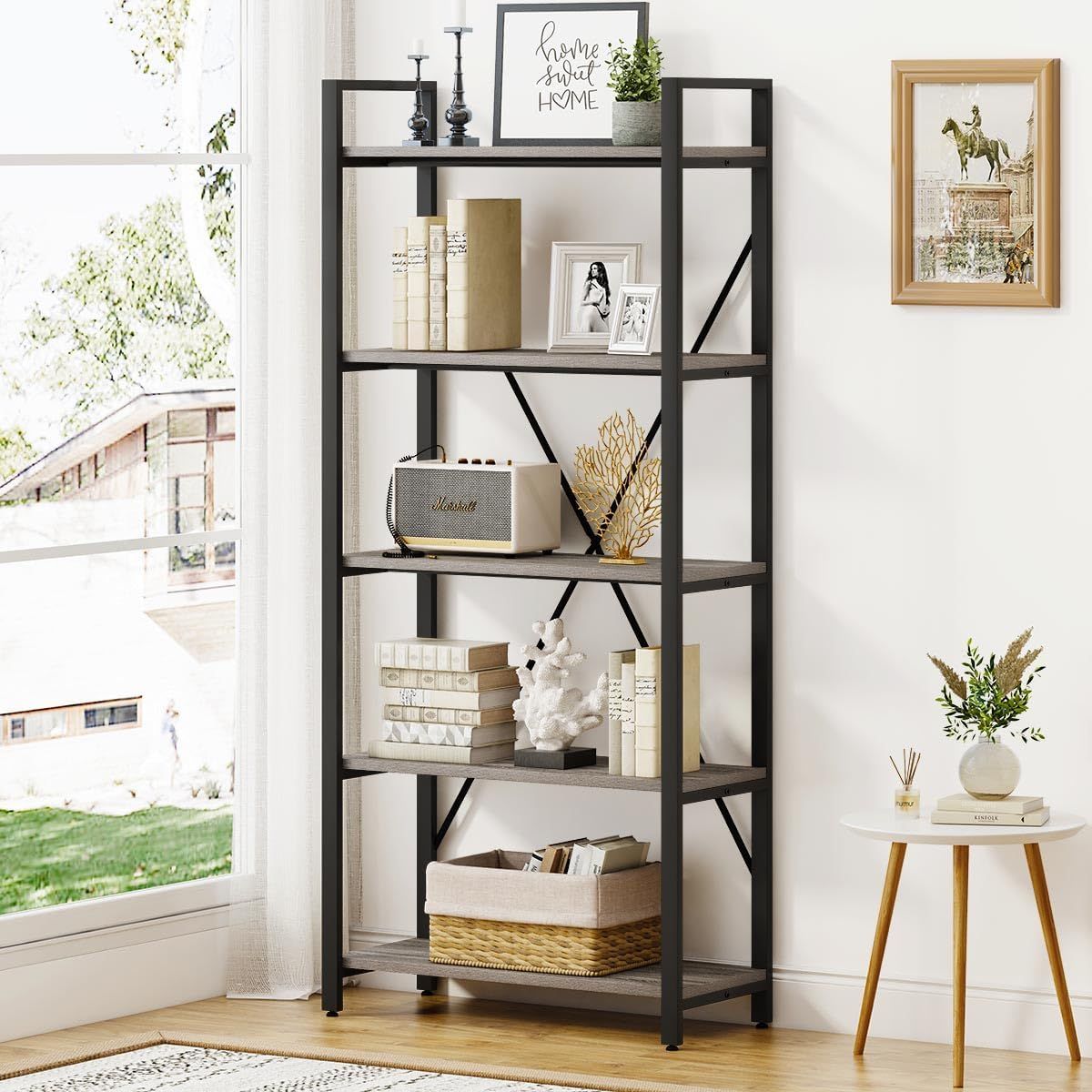 Dark Gray Oak and Black 5-Tier Industrial Bookshelf