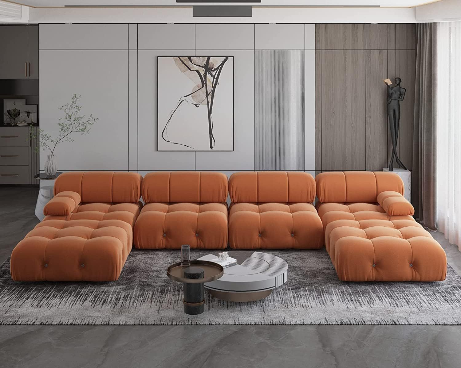 138'' Orange Velvet U-Shaped Sectional Sofa with Ottoman