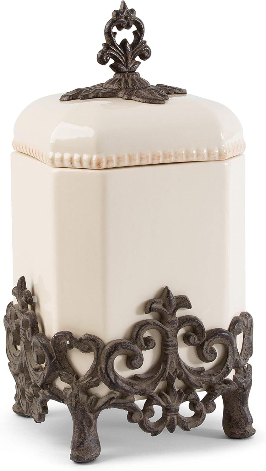 14-Inch Cream Ceramic Canister with Brown Metal Base