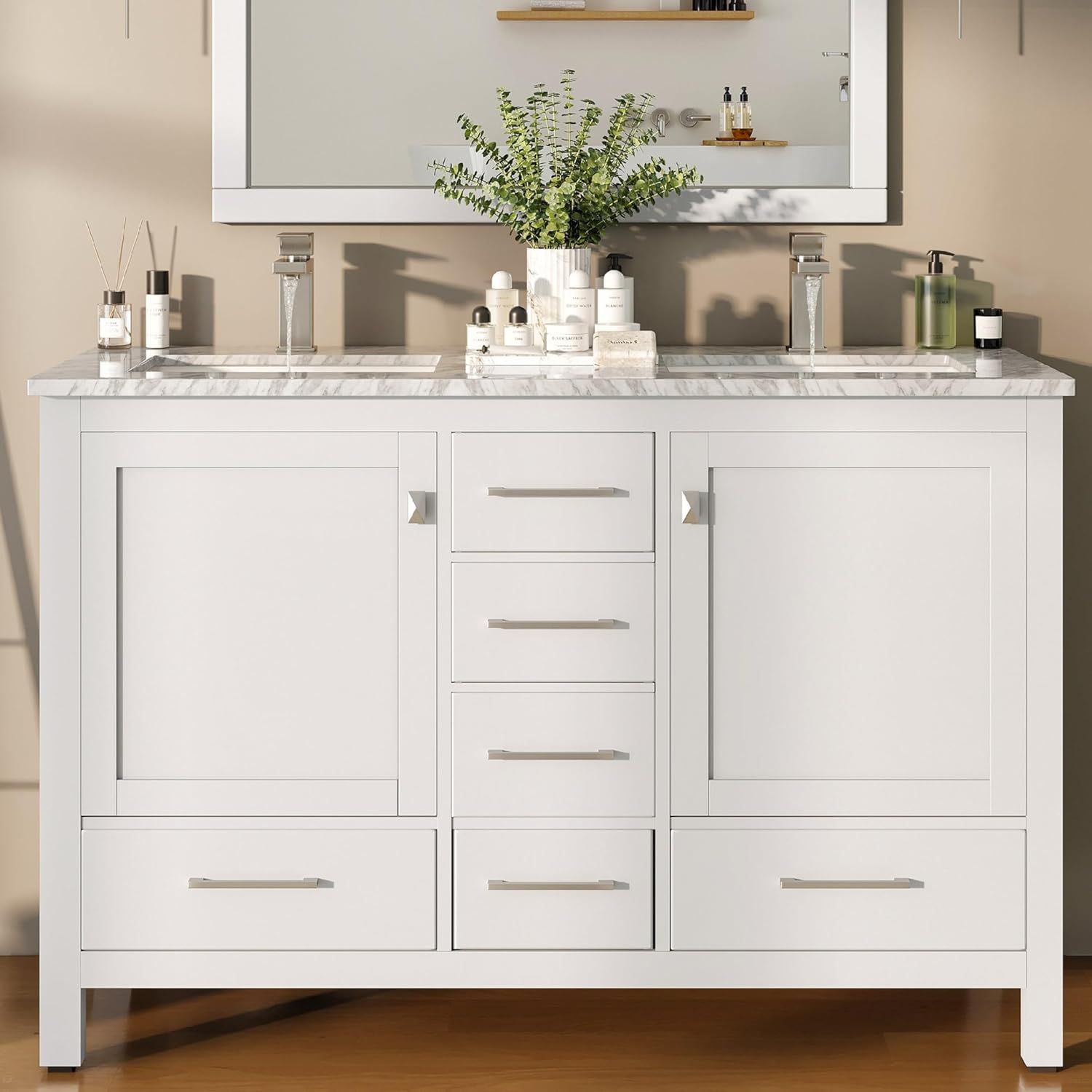 White 48" Double Sink Freestanding Vanity with Marble Top