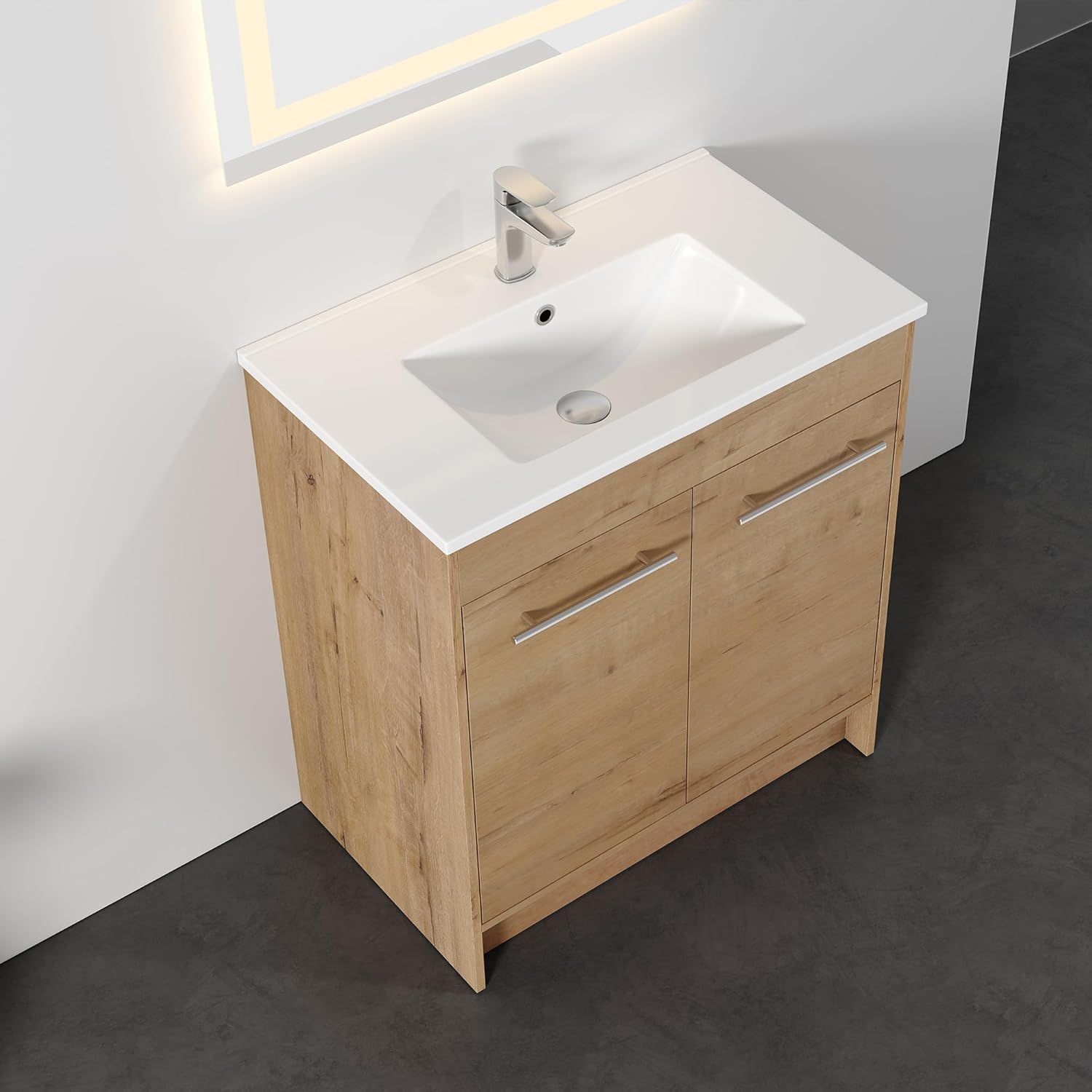 Natural Oak Freestanding Bathroom Vanity with Ceramic Sink, 30 Inch