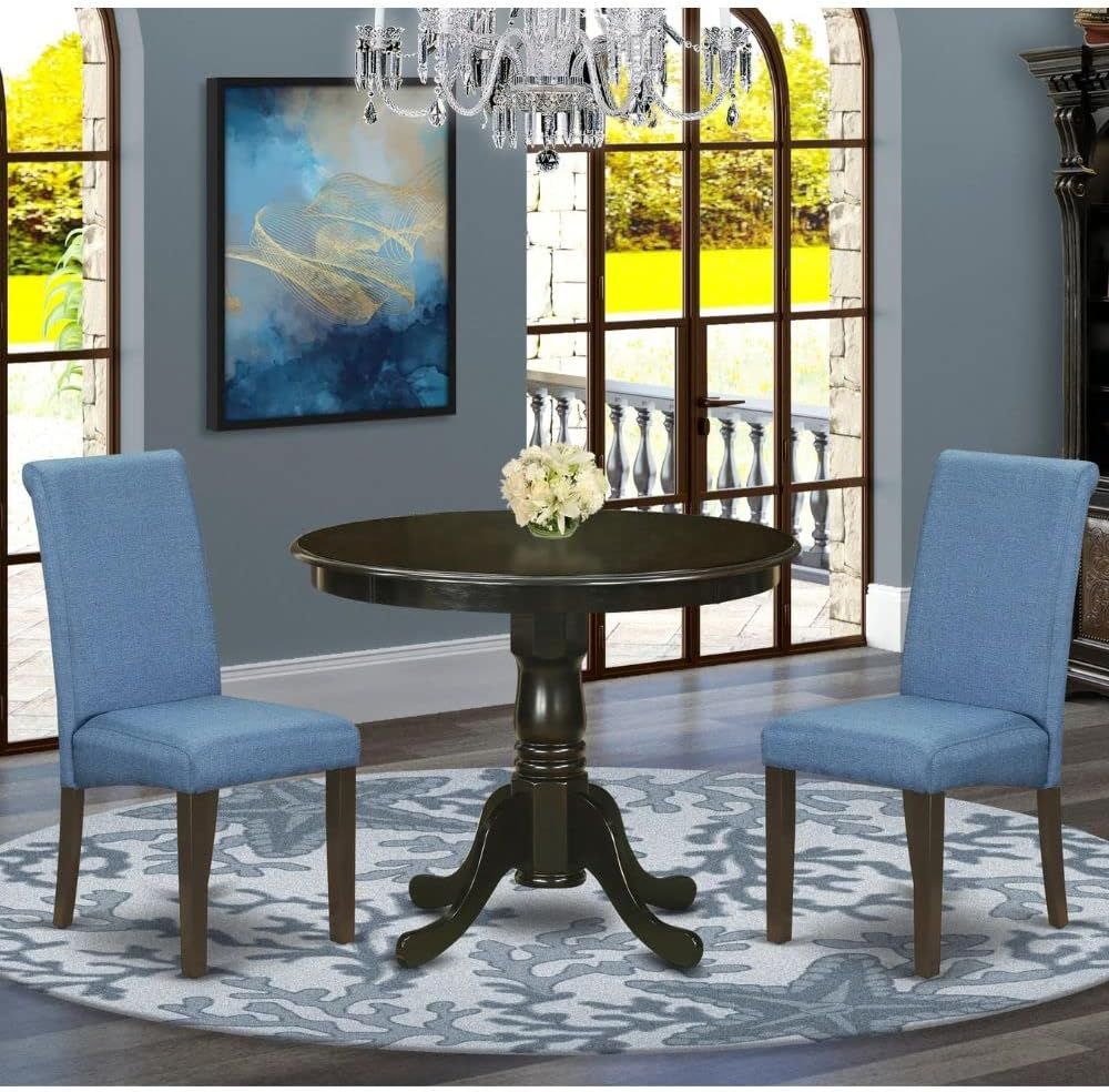 Cappuccino Round Wood Dining Table with Blue Linen Chairs