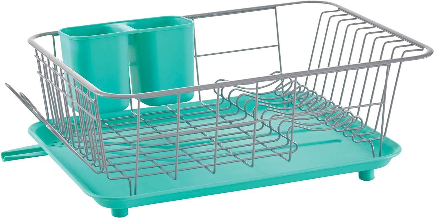 Aqua and Gray Compact Dish Rack with Utensil Holder