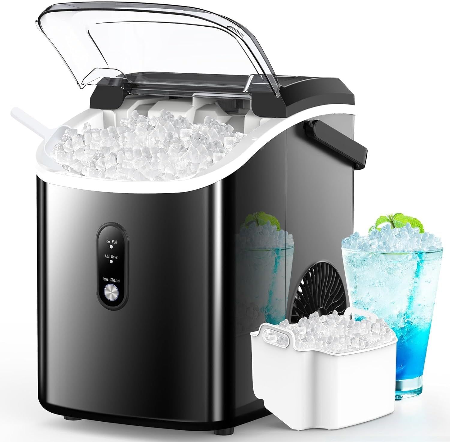 Portable Black Nugget Ice Maker with Handle and Self-Cleaning