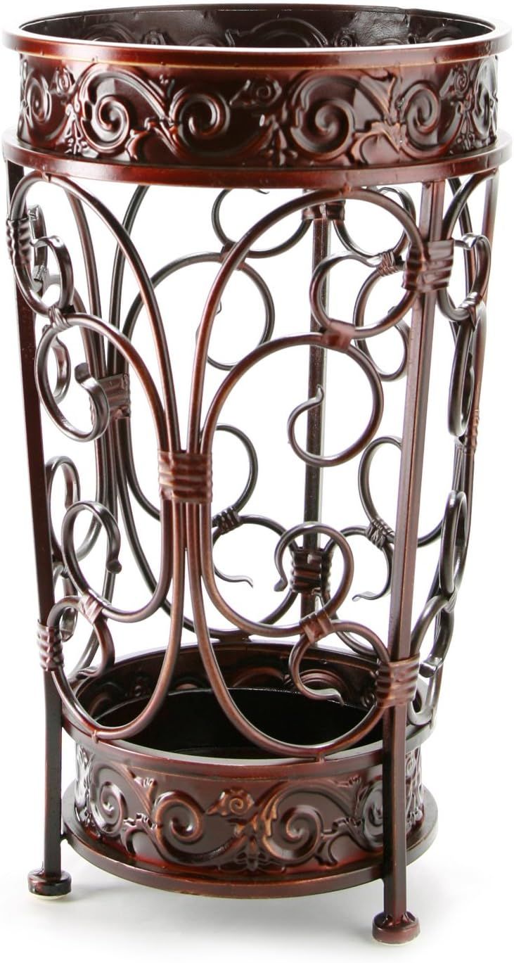 Antique Red-Brown Metal Umbrella Stand with Removable Drip Tray